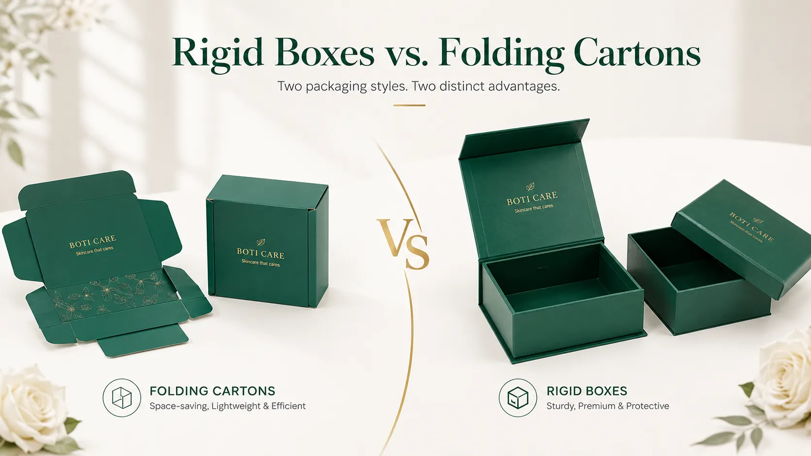 Rigid Box vs Folding Carton comparison banner, eco green skincare packaging Boti Care lightweight folding cartons and sturdy premium rigid gift boxes by Crown Win Box Manufacturer