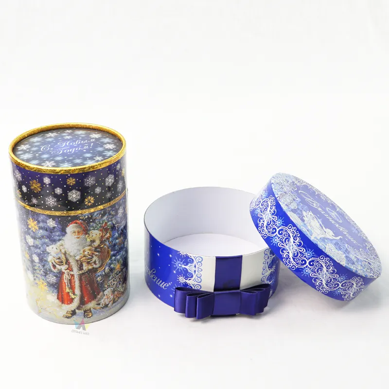 Closed Santa Christmas printed cylinder boxes, round paper tube gift box with luxury golden trim lid