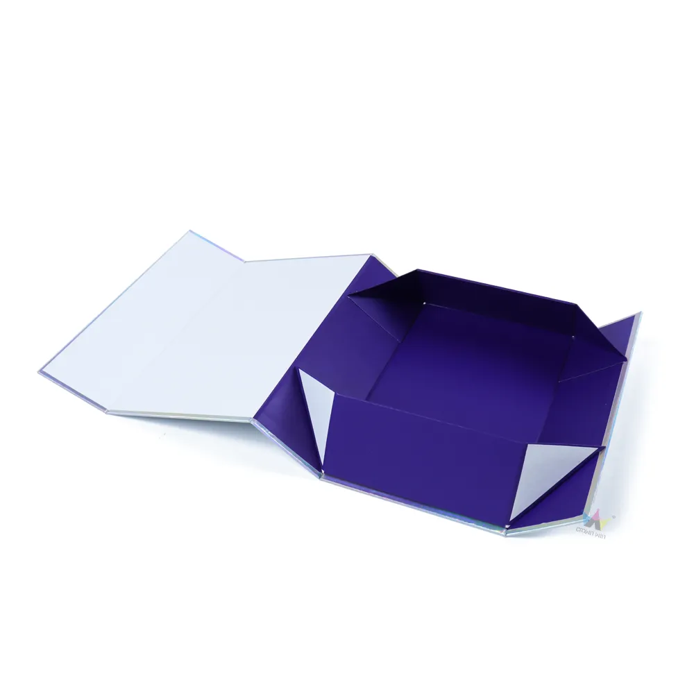 Semi-assembled holographic one-piece folding box demonstrating built-in magnetic flip lid folding mechanism