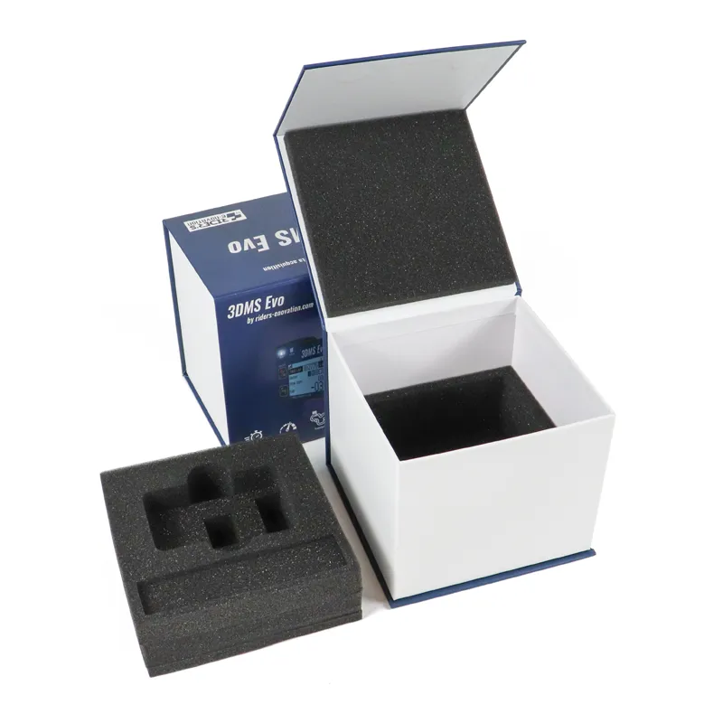 Detachable custom CNC molded black foam liner separated from empty interior of rigid square magnetic box