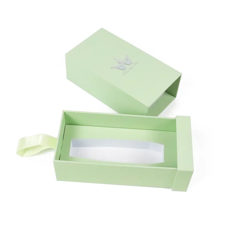 Horizontal flat top view open slide drawer cosmetic boxes, matching light green ribbon pull tab and two-piece rigid structure