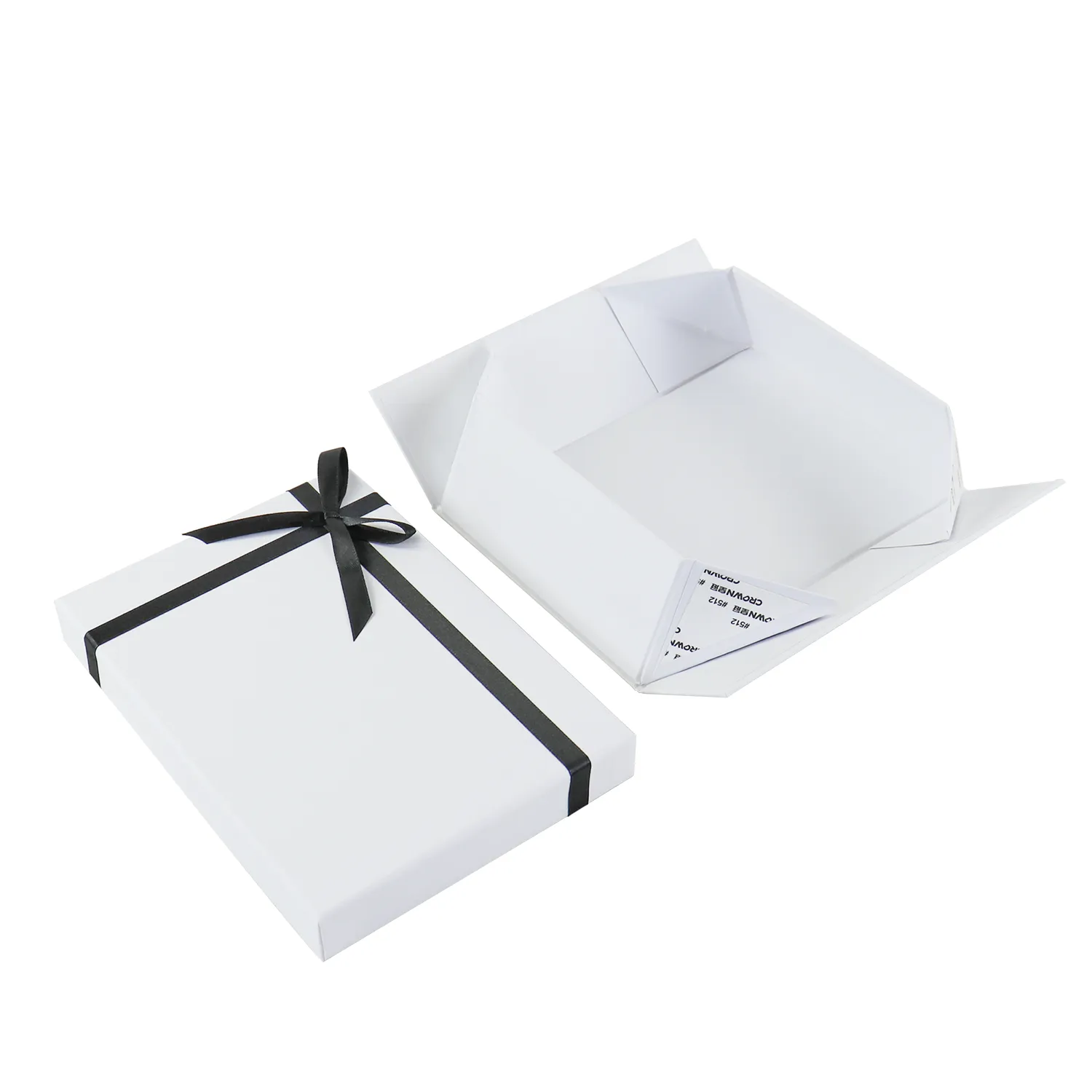 Separated flat unassembled blank white lid and base box with loose black satin ribbon, foldable rigid gift packaging kit