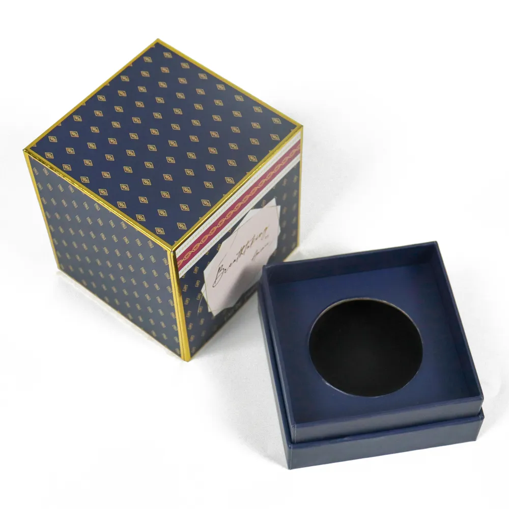 Uncovered square lid and base box showing full exterior gold diamond print, red decorative strip and blank deep base tray interior