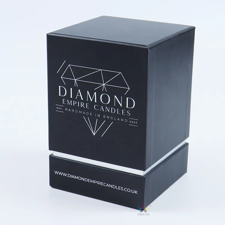 Uncovered lid and base essential oils boxes placed side by side, showcasing precision molded circular foam cavity insert inside rigid base tray