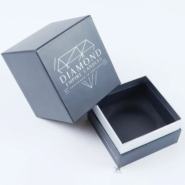 Separated lid and base empty essential oils boxes showing silver metallic interior trim inside rigid base tray, square aromatherapy packaging boxes