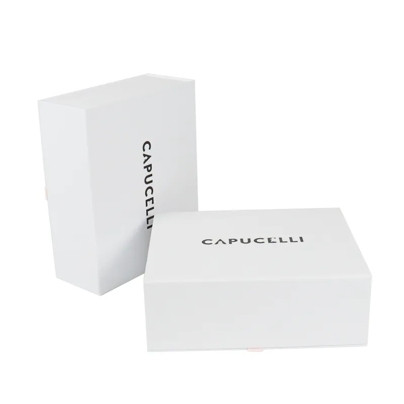 Separated layout of pink inner lid box with velvet insert inside empty white two-layer drawer cosmetic boxes outer shell