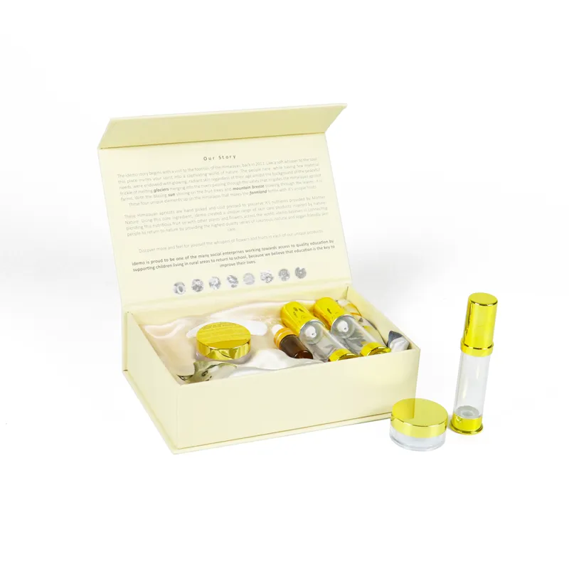 Side-by-side display of matching single-bottle lid-base cosmetic box and full multi-item magnetic skincare packaging gift box, cream tone skincare packaging