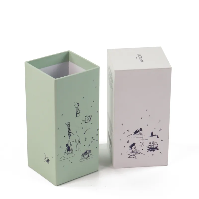 Three-quarter side angle of branded printed rigid sleeve skincare packaging, designed for single bottle replenish face oil containers