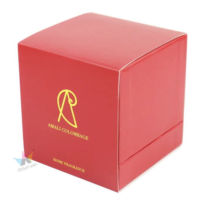 Side angle full shot of two-piece lid-base candle boxes, showing soft red leather grain paper wrap and clean folded box edges