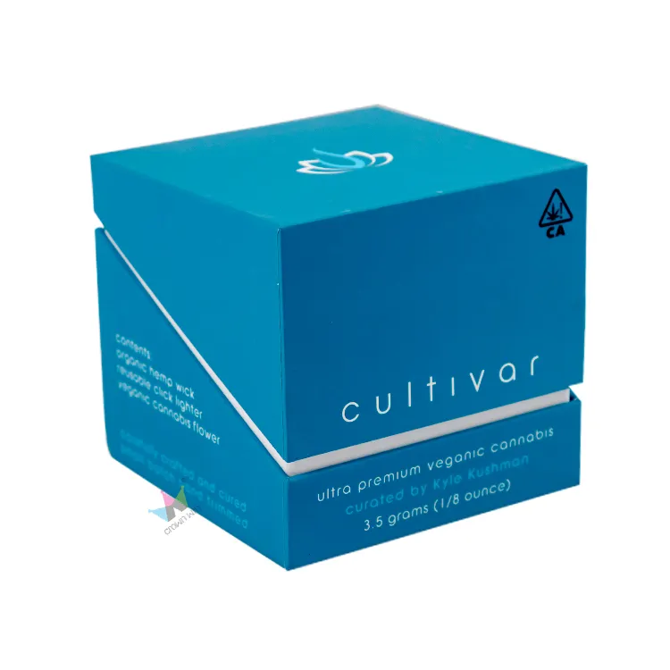 Side angled half-open magnetic flip top candle boxes, branded logo printed on matching teal inner lid surface
