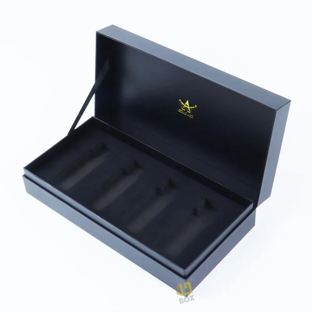 Side angle shot of open magnetic flip essential oil boxes, showcasing durable lid hinge and removable shock-absorbent EVA foam insert