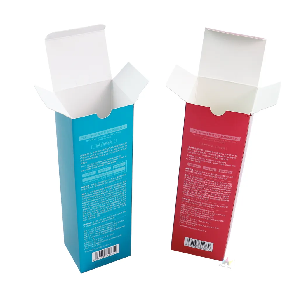 Side open shot of tall glossy metallic tuck folding cartons displaying full printed product specification text on rear panel
