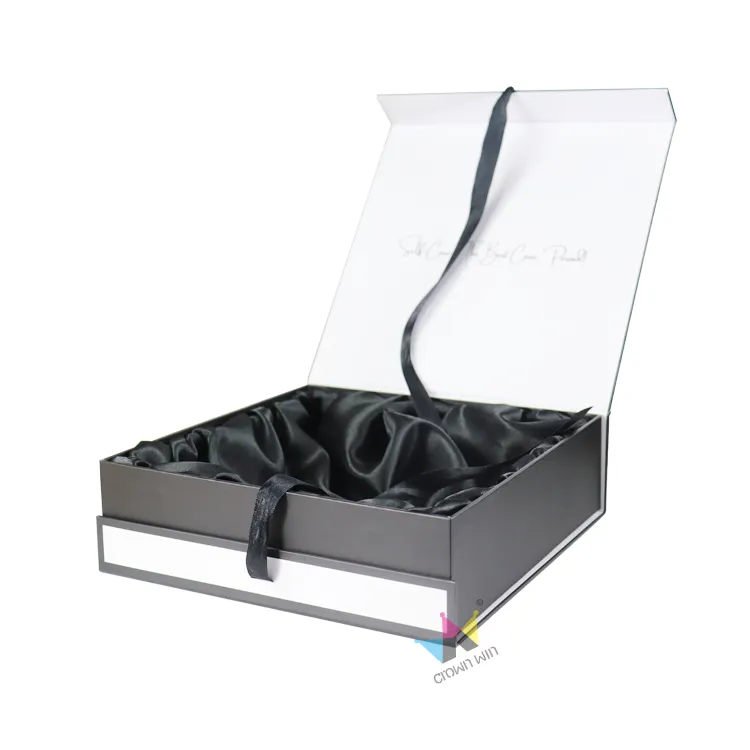 Side open display of luxury magnetic box with built-in satin ribbon for lid closure