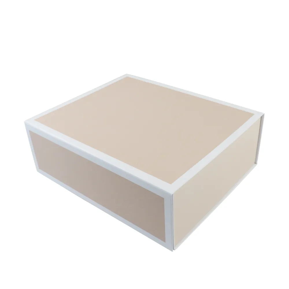 Side angled open display showcasing personalized printed inner lid on blush one piece folding bridesmaid gift box