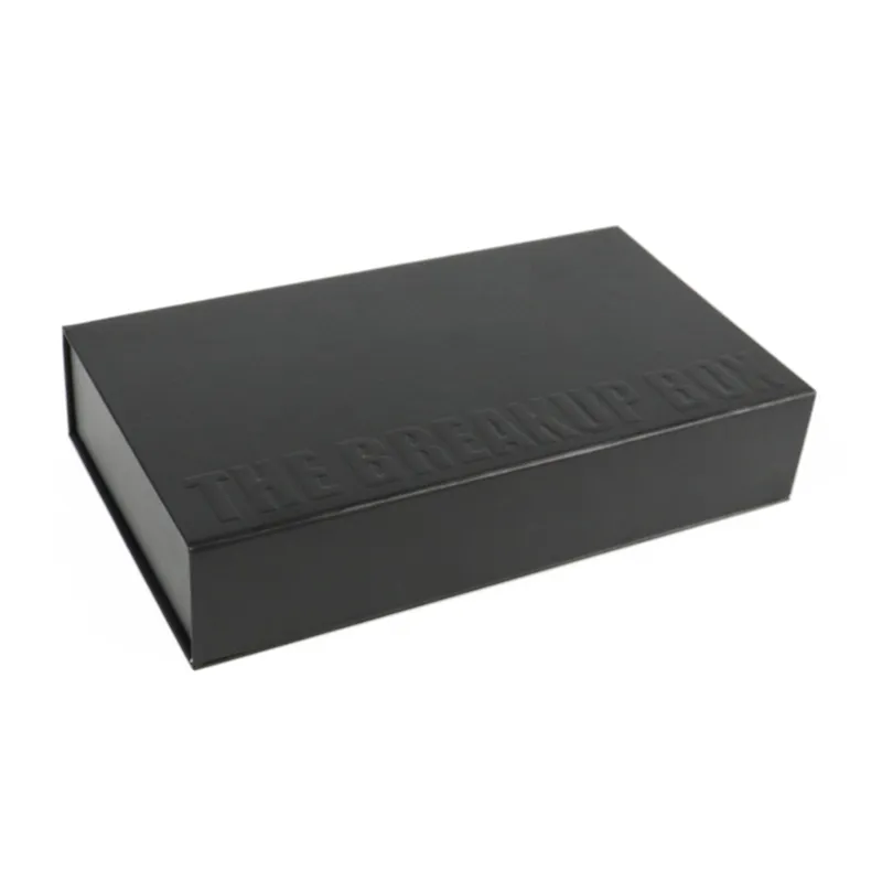Side profile full length shot of plain unembossed rigid flip lid matte black cosmetic boxes blank gift packaging shell