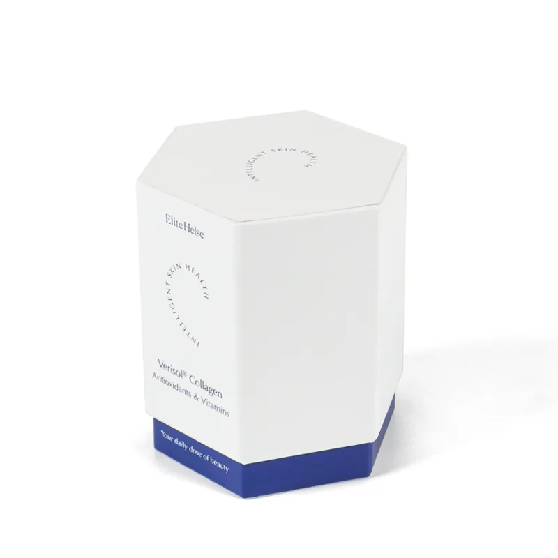 Side panel view with complete printed brand, collagen ingredient text on hexagonal rigid lid and base box
