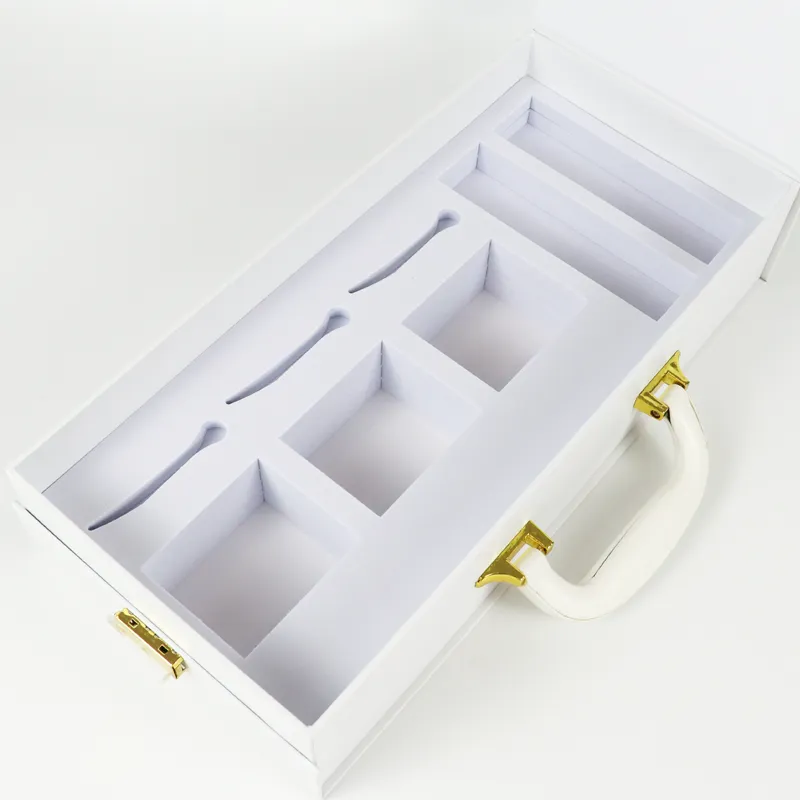 Side detail of PU handle with gold metal brackets for handheld magnetic closure gift boxes