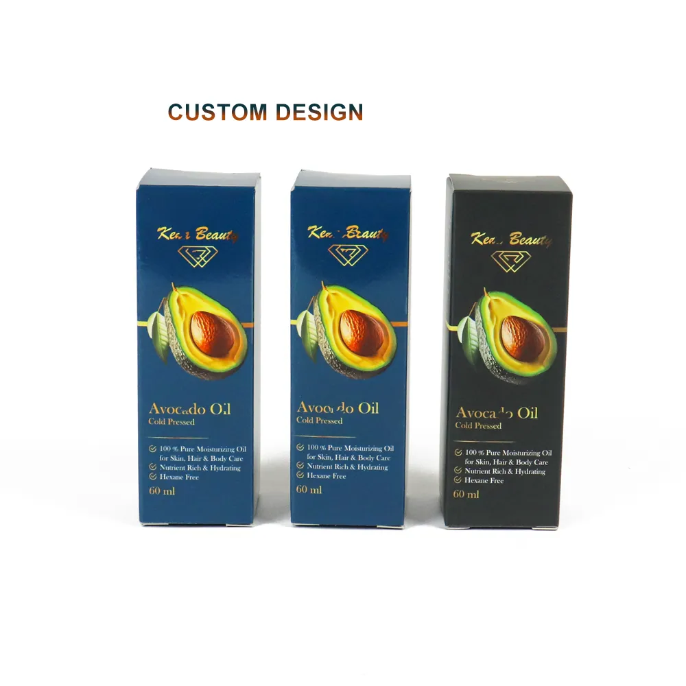 Side view of navy blue vertical tuck folding carton with gold effect logo and product information printing