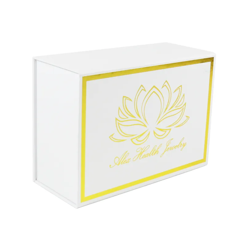 Side shot of white luxury magnetic box with gold hot stamping, premium packaging for wellness accessories