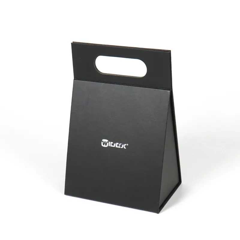 Side profile shot sturdy triangular stand triangle folding box, thick rigid matte black cardboard travel serum gift packaging triangle folding box