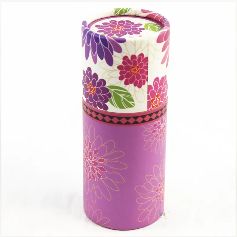 Side profile of purple floral cylinder box showing clean white inner lining of paper tube