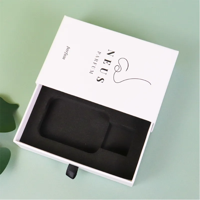 Side shot slide out rigid perfume boxes, blank black EVA foam dual compartment insert without perfume bottle