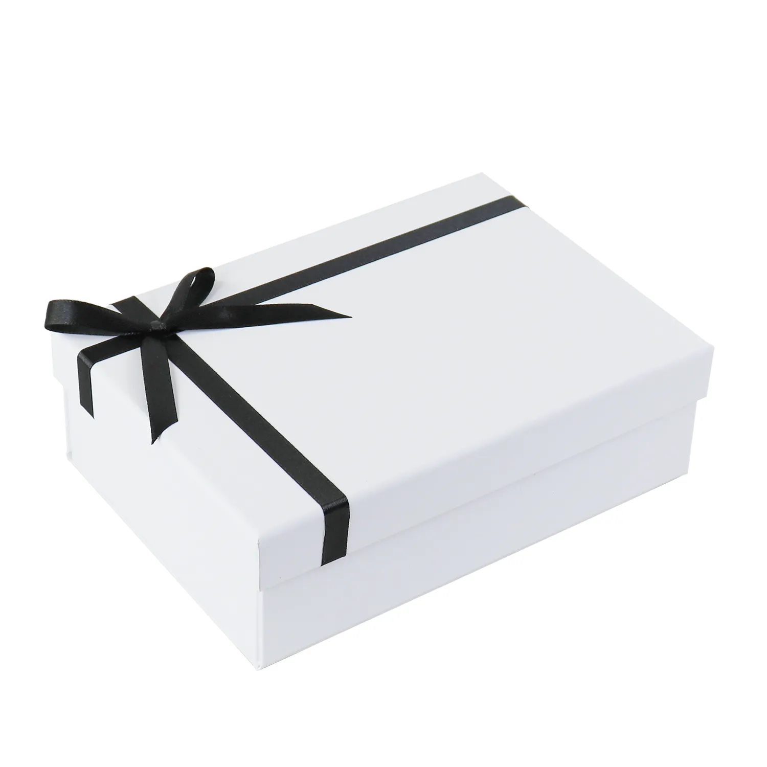 Side profile view stackable blank lid and base box flat fold set with pre-attached black satin ribbon straps