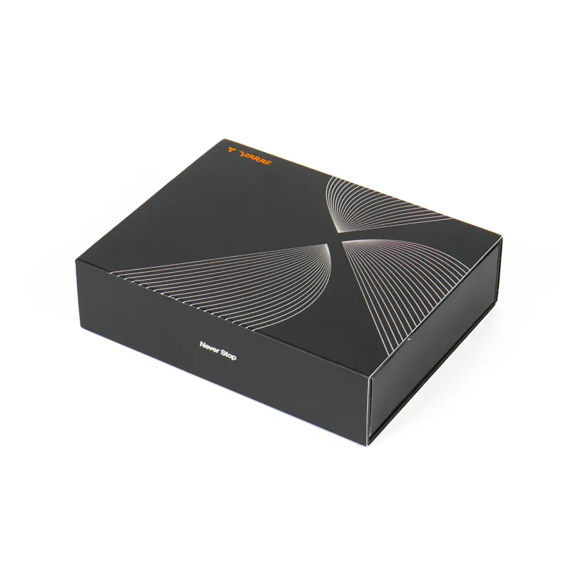 Side shot double door box with matching outer slide sleeve, minimalist tech gadget rigid packaging