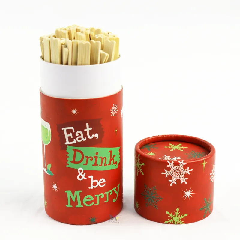 Side display of filled and open cylinder boxes, eco-friendly round paper tube for party skewer packaging