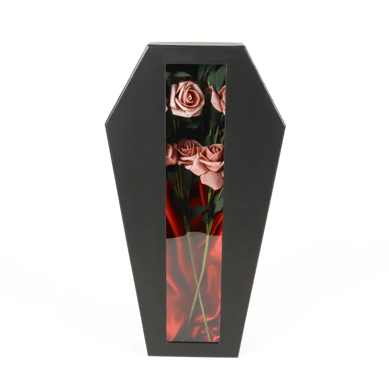 Side profile of unique coffin lid-and-base window box packaging for gothic novelty flower gifts