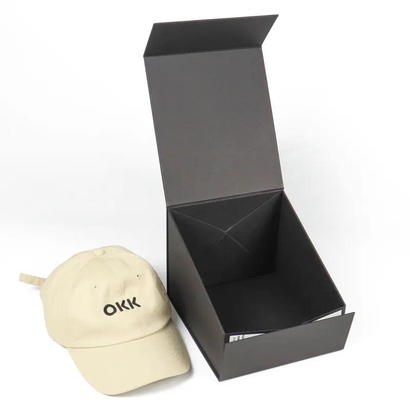 Closed top view matte black magnetic one piece folding box, sturdy flat collapsible apparel packaging box