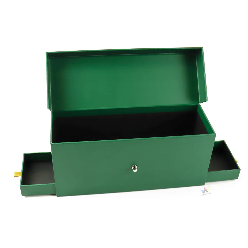 Side profile of magnetic closure boxes showing flip lid structure and built-in accessory drawer for wine sets