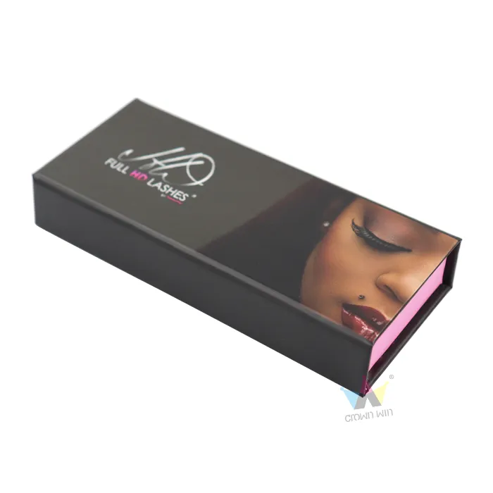 Slanted side closed magnetic cosmetic boxes for mink lashes, pink interior edge visible with full printed model artwork