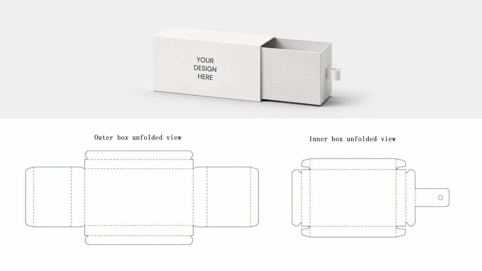 Sliding drawer rigid box dieline template including unfolded outer sleeve and inner drawer blank, custom packaging structural drawing by Crown Win Box Manufacturer