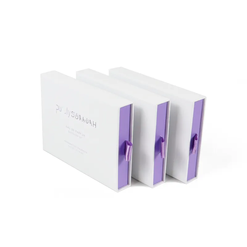 Slide open perfume sample drawer box showing 5 vertical divided slots inside lavender purple tray, fragrance vial storage drawer box