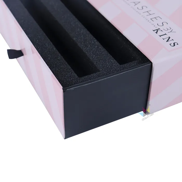 Slide open eyelash slide drawer box showing dual long molded slots black EVA foam insert inside rigid drawer tray