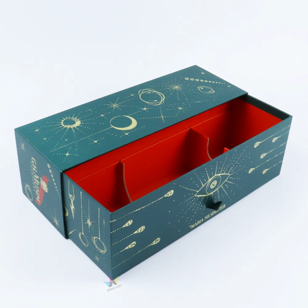 Slide open champagne slide drawer box showing vibrant red interior and detachable paper dividers inside rigid drawer tray