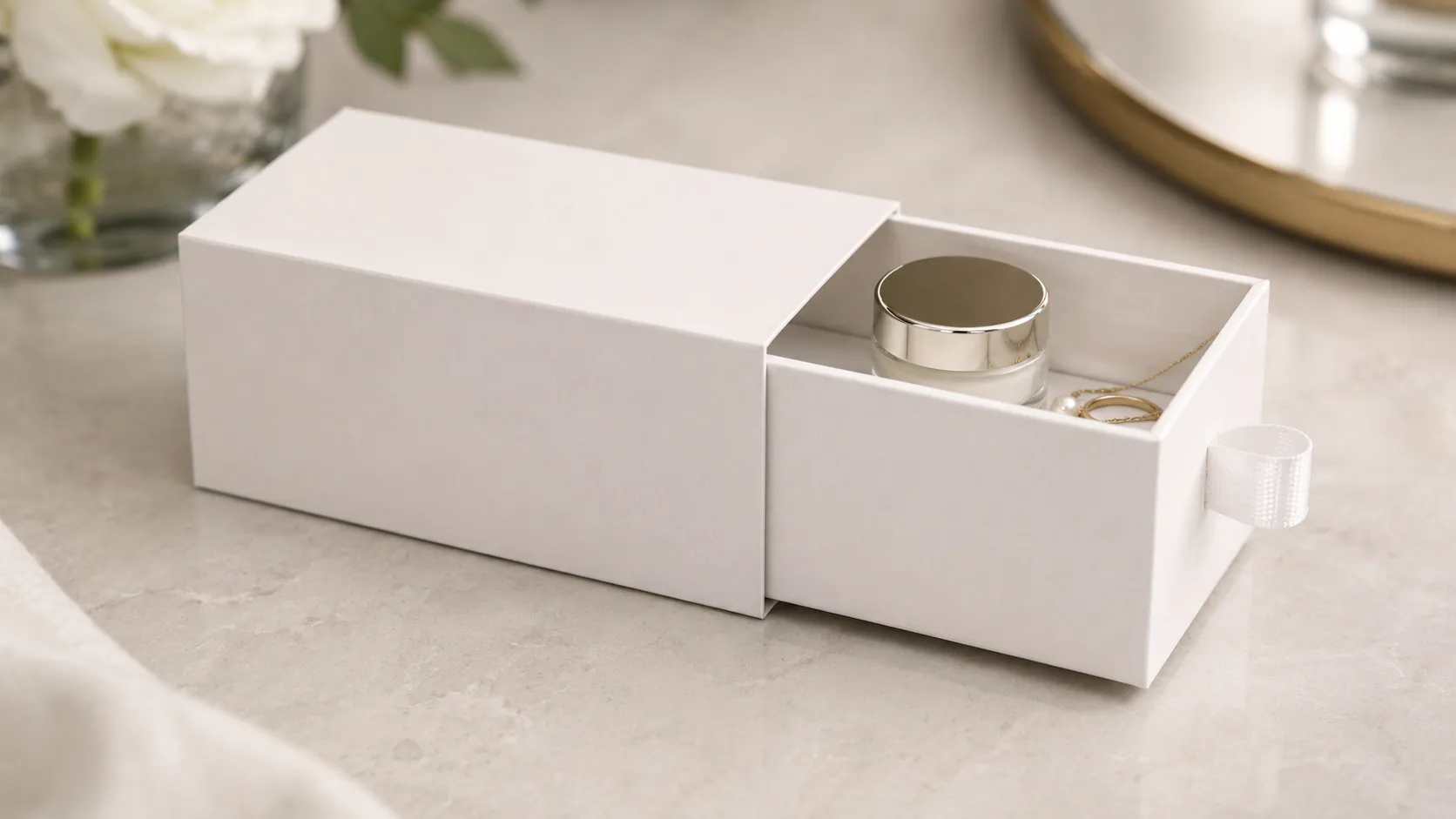 Luxury sliding drawer paper box for skincare cream and jewelry, elegant retail packaging display from Crown Win Box Manufacturer
