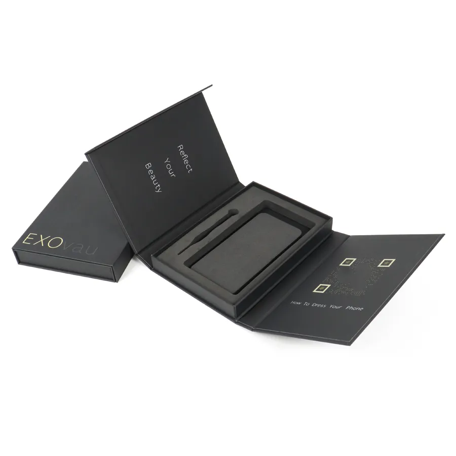 Slanted front view of stacked double door rigid boxes, minimalist electronic accessory packaging