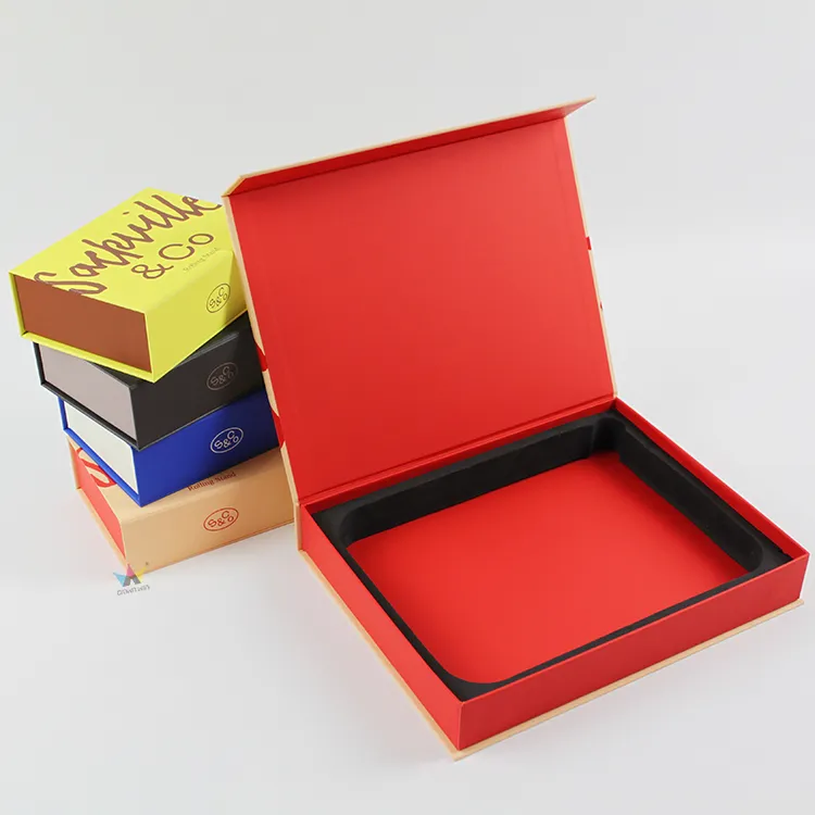 Stacked multi-color rigid magnetic gift boxes with custom handwritten script logo outer printing