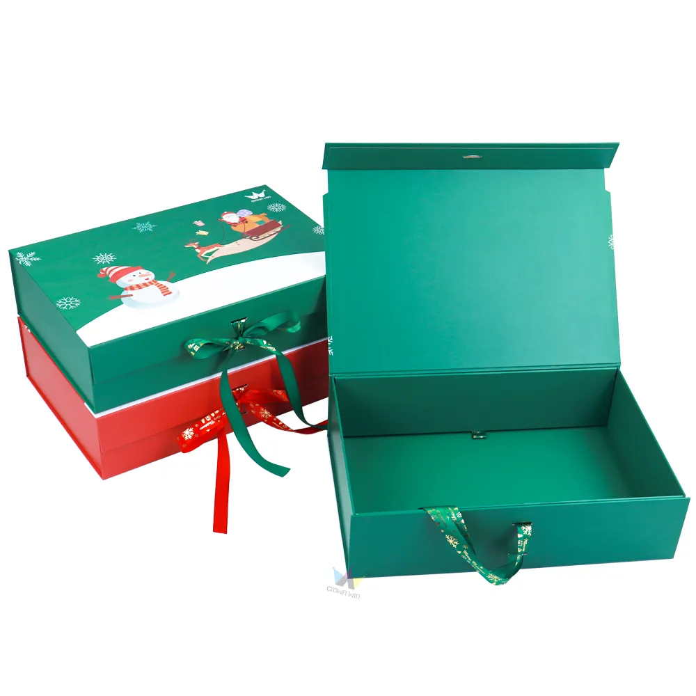 Stacked red and green Christmas one piece folding boxes, premium collapsible holiday gift packaging display