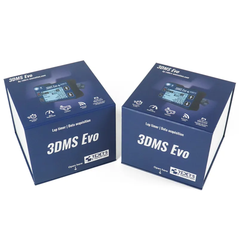 Stacked pair of full color blue custom printed square magnetic boxes with electronic product branding on exterior
