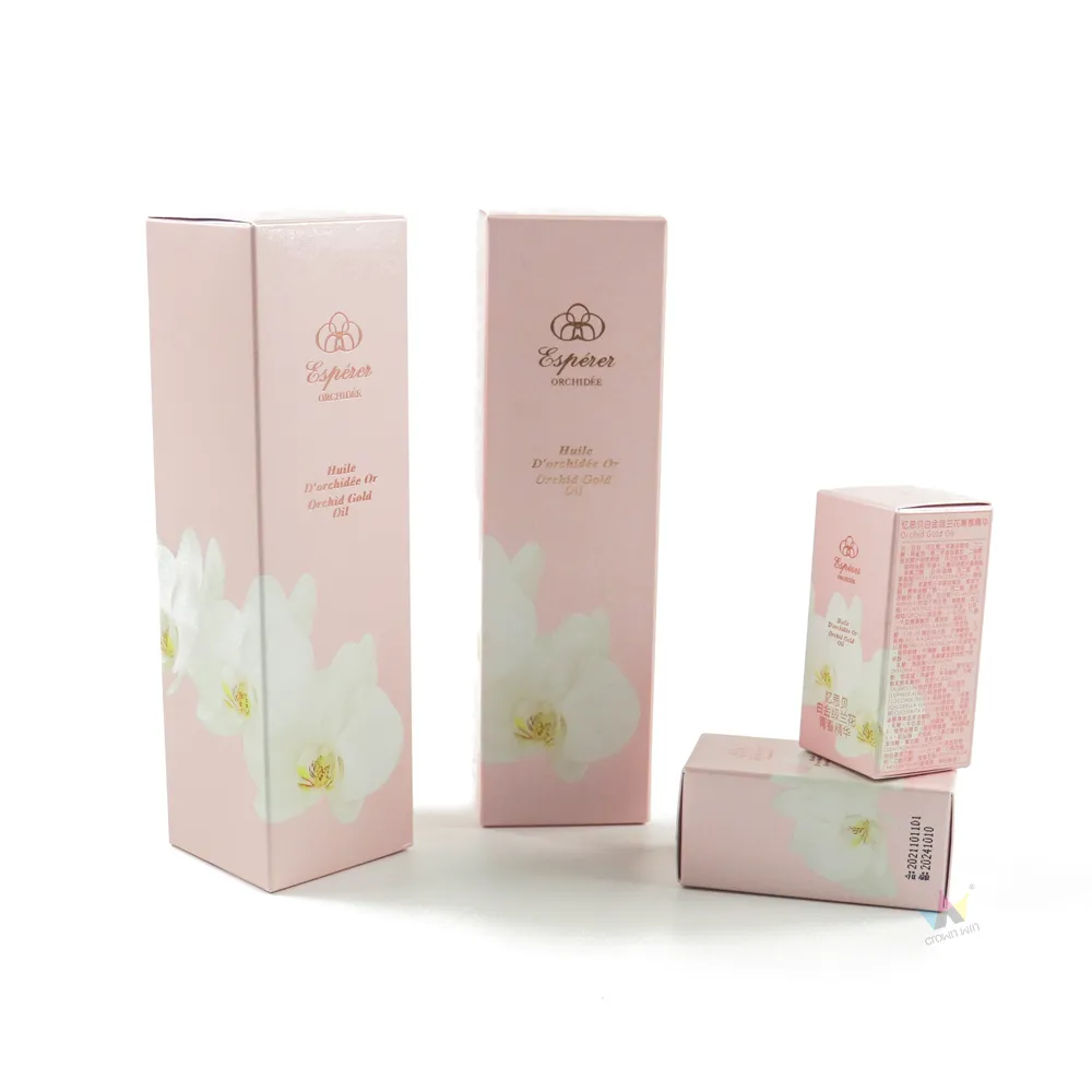 Stacked tall & small custom printed tuck folding cartons, floral design eco cosmetic carton packaging for facial essence bottles