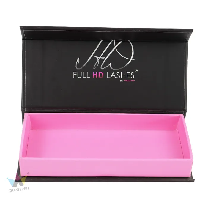 Straight front view open two-tone rigid cosmetic boxes, solid pink empty tray without inserts for false lashes
