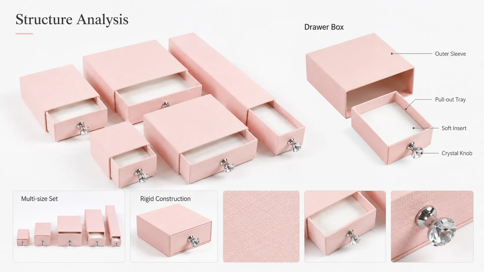 Multi-Size Pastel Pink Linen Texture Rigid Drawer Box – Crystal Pull Knob Velvet Lined Slide Drawer Box-structure