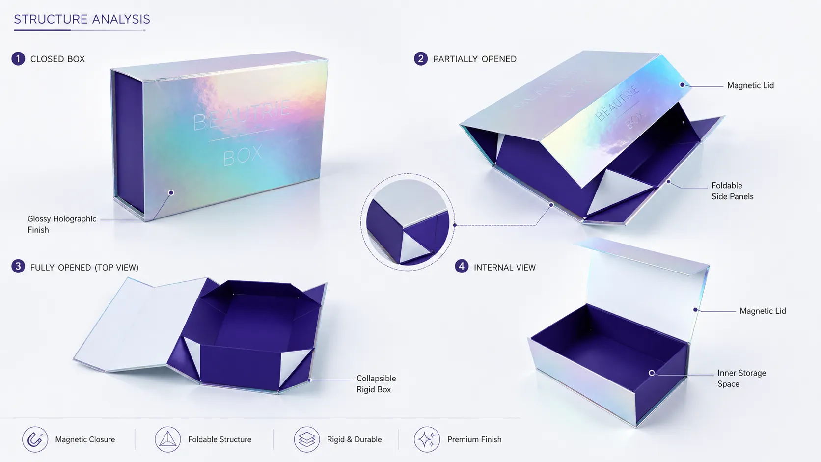 Iridescent Holographic Magnetic One-Piece Folding Box – Flat Collapsible Shipping Custom Deboss Logo-structure