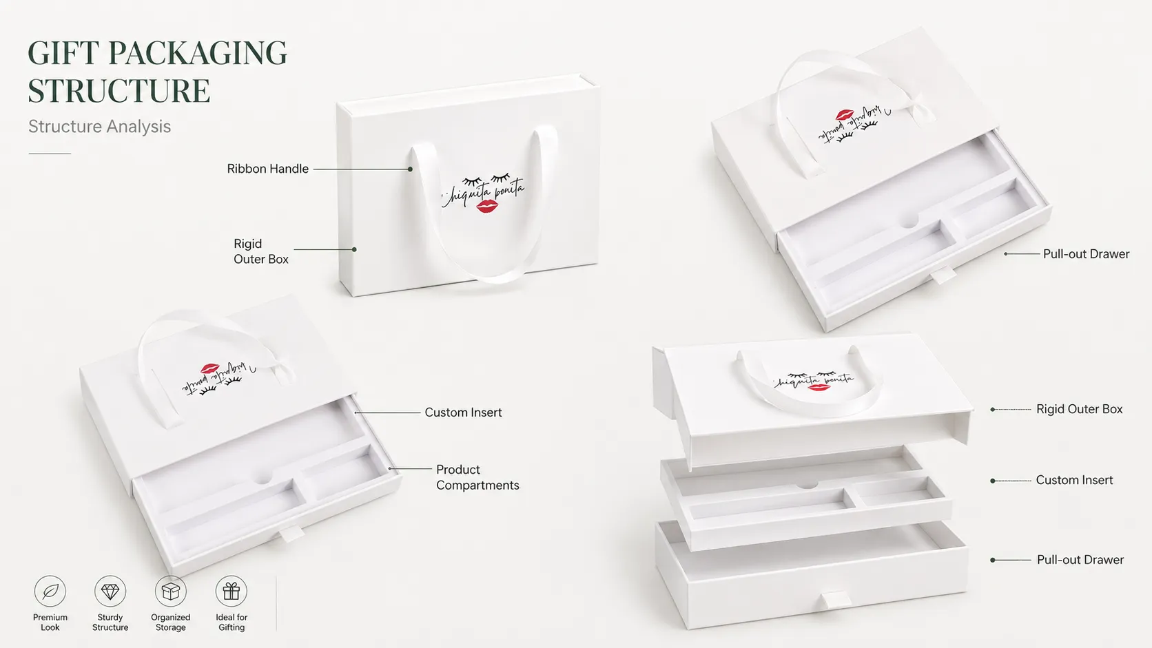 Minimalist White Slide Drawer Cosmetic Boxes – Satin Ribbon Carry Handle, Custom Printed Brand Graphics-structure