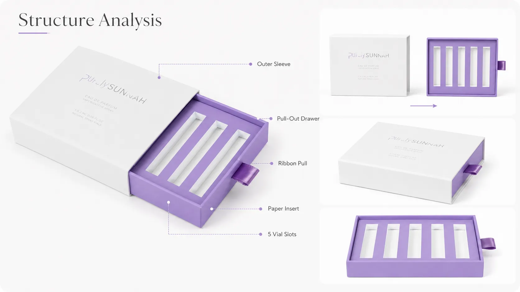 Two-Tone White & Lavender Rigid Slide Drawer Box – Satin Ribbon Pull Tab, Multi-Slot Divided Insert-structure