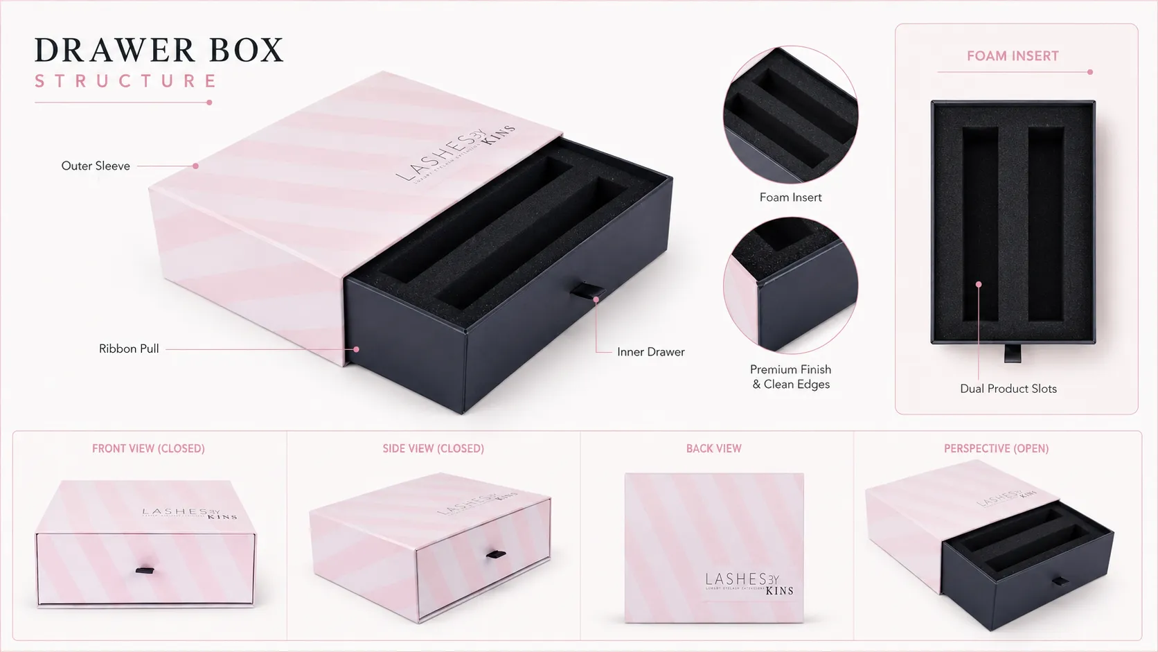 Glossy Pink Diagonal Stripe Slide Drawer Box – Fabric Pull Tab, Custom Molded Dual-Slot EVA Foam Insert-structure