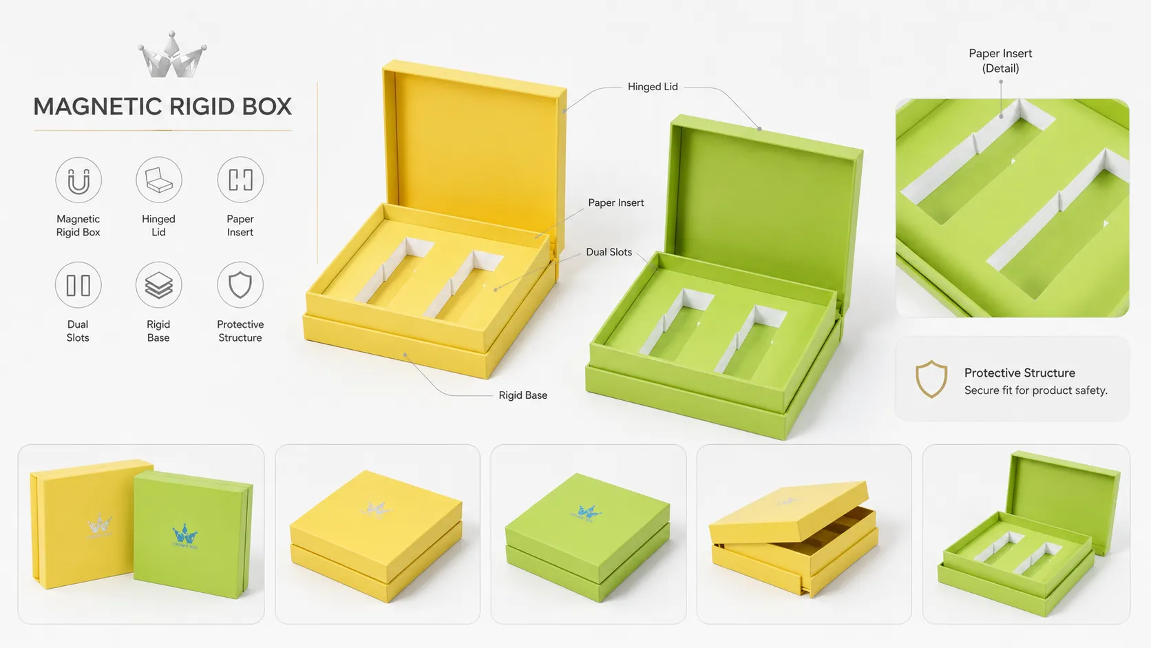 Lemon Yellow & Fresh Green Magnetic Flip Lid Essential Oil Boxes – Custom 2-Slot White Paper Divider Insert, Holographic Foil Logo Rigid Eco Paper Gift Packaging for Dual-Bottle Essential Oil Sets-structure
